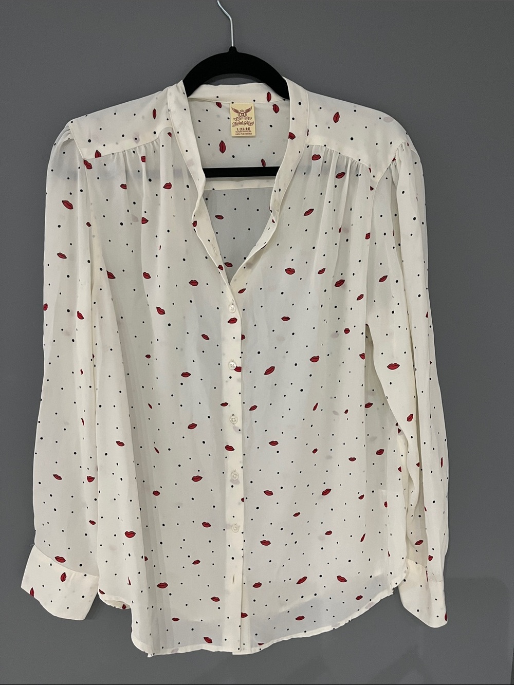 Faded Glory Cream Blouse with Red Lip & Black Dot Print